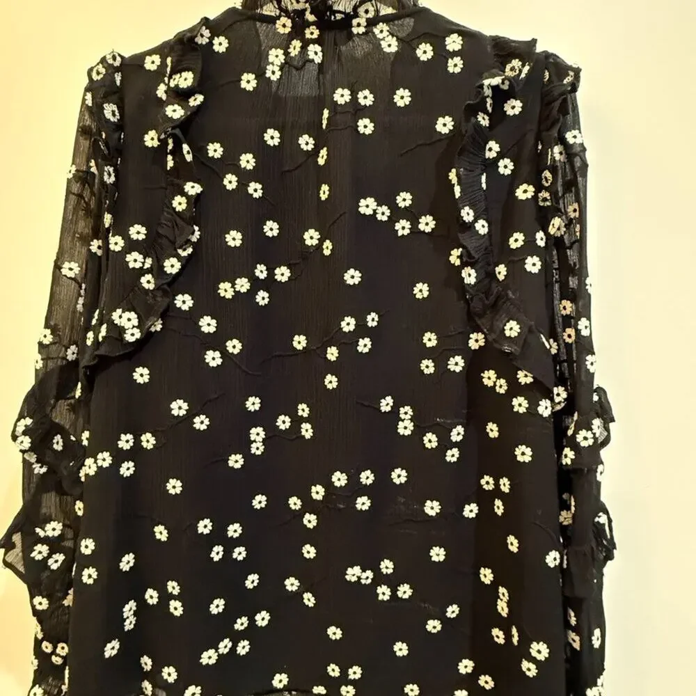 Rebecca Taylor Black Daisy Floral Ruffle Blouse Size 2 — Romantic Silk Top - Picture 6 of 8